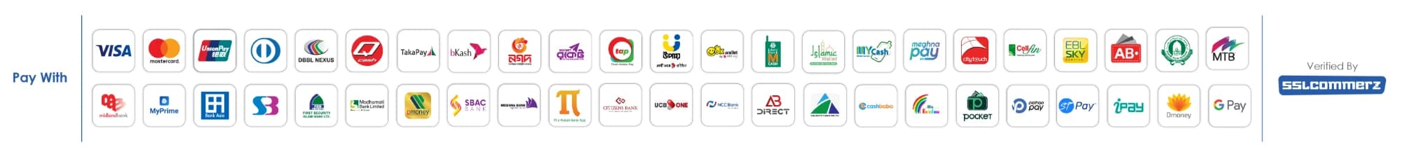 Payment methods supported across Deepchain Labs products, verified by SSLCommerz