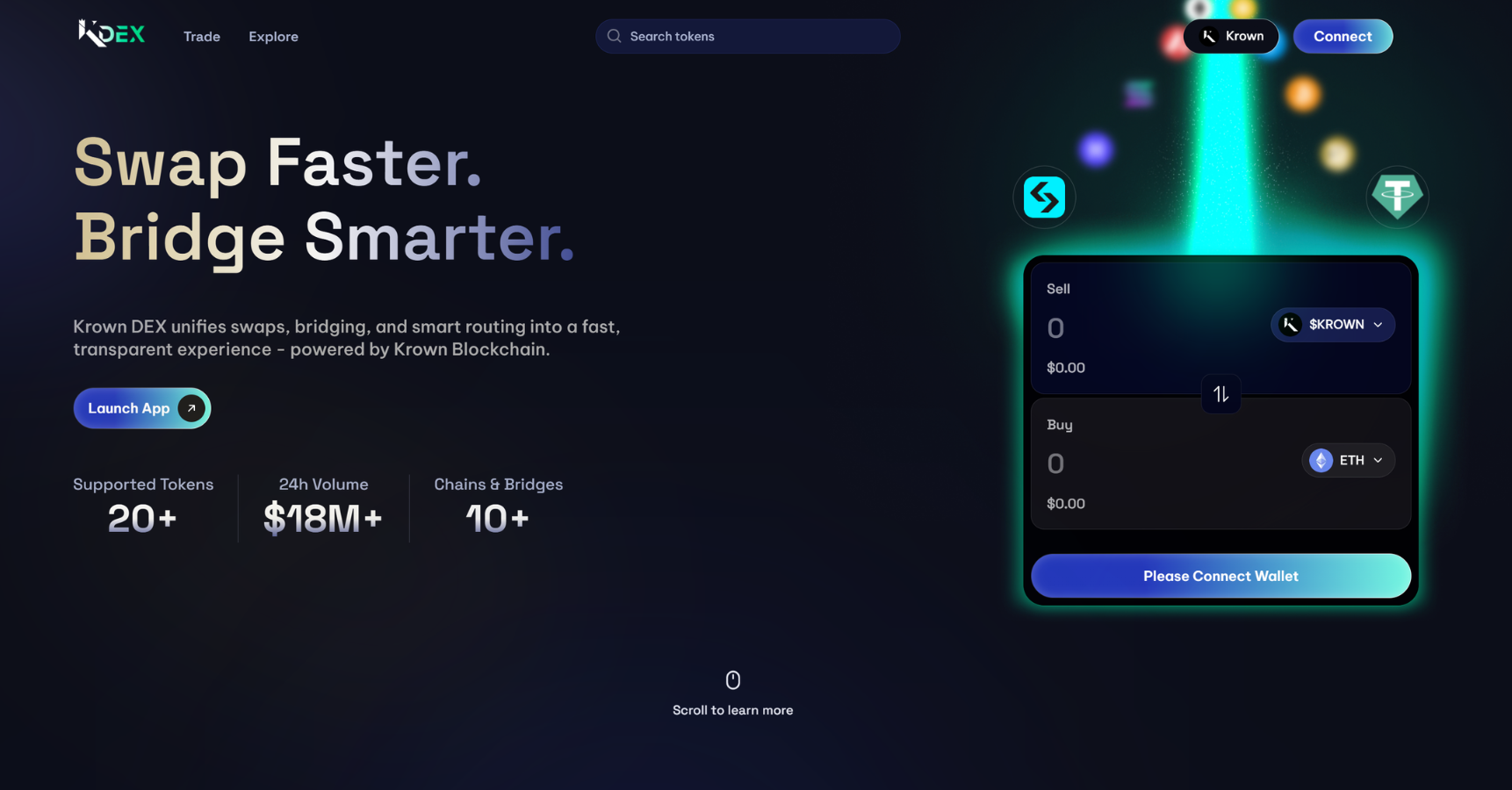 Krown DEX swap interface with sell and buy token selectors alongside supported tokens, 24h volume, and bridge counts.